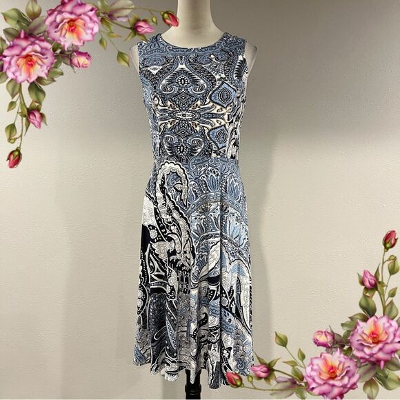 Charter Club Elegant Blue and White Paisley midi sleeveless Dress - Picture 1 of 12